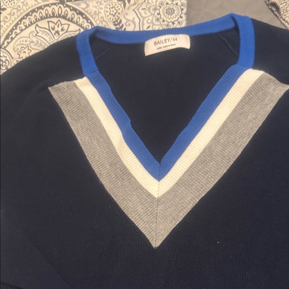 Bailey 44 women V-Neck Sweater in Navy Blue, White Stripes with cut out arms